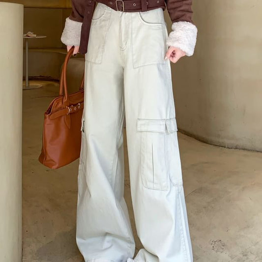 Mid Rise Plain Baggy Cargo Pants