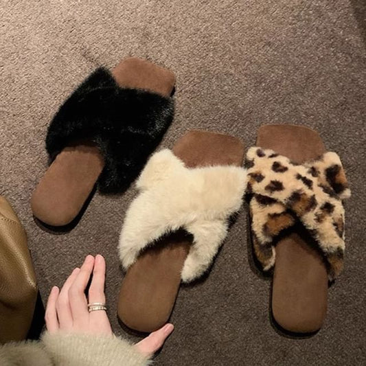 Fluffy Cross Band Slide Sandals