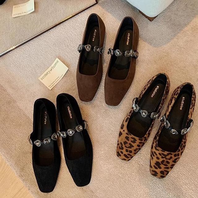 Faux Leather Heart Buckled Flats