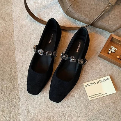 Faux Leather Heart Buckled Flats