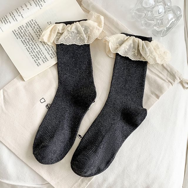 Plain Lace Trim Ribbed Socks