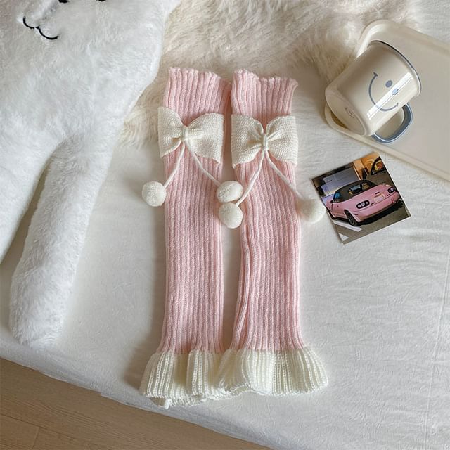 Two Tone Bow Pom Pom Ribbed Knit Leg Warmers