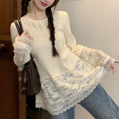 Round Neck Lace Panel T-Shirt with Long Sleeves