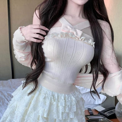 Bowknot Ribbed Knit Cami Top / Ruffle Trim Cardigan / Mid Waist Plain Lace Mini A-Line Skirt