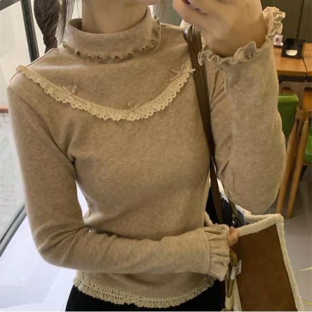 Lettuce Edge Lace Trim Tee with Mock Neck and Long Sleeves