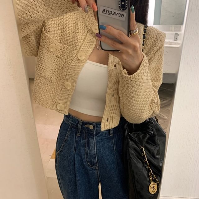 Crop Round Neck Plain Cardigan