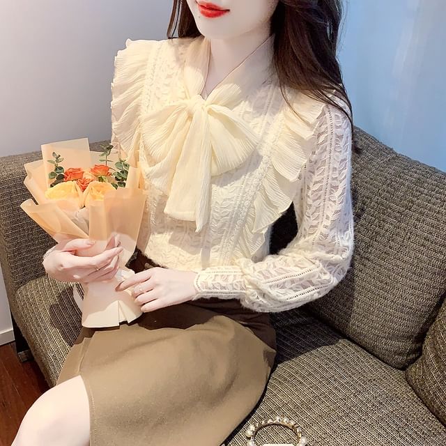 Tie-Neck Lace Blouse with Long Sleeves