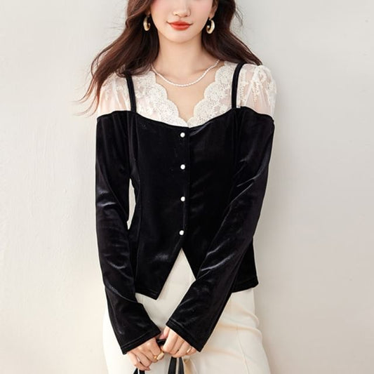 Velvet Lace Panel V-Neck Blouse with Long Sleeves