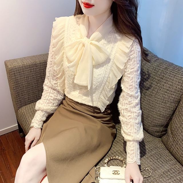 Tie-Neck Lace Blouse with Long Sleeves