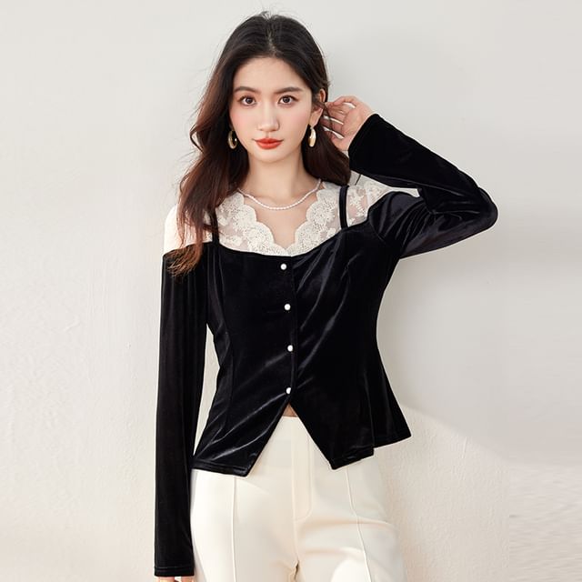 Velvet Lace Panel V-Neck Blouse with Long Sleeves