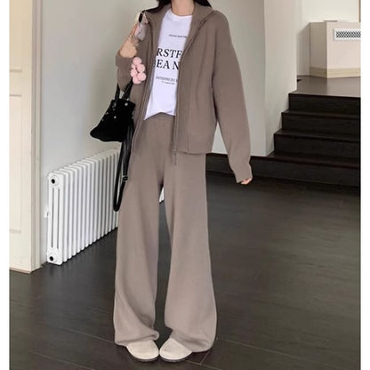 Solid Ribbed Zip Cardigan & High Waist Baggy Pants Set