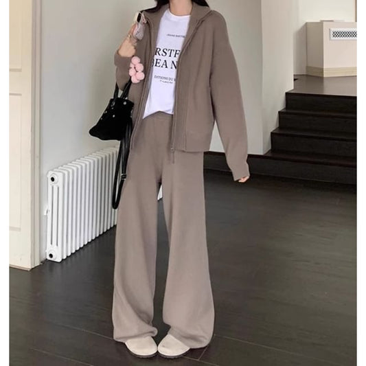 Solid Ribbed Zip Cardigan & High Waist Baggy Pants Set