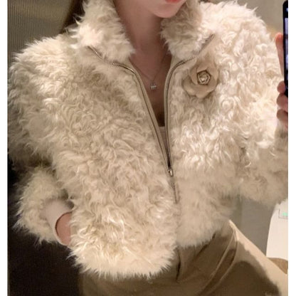 Fluffy Floral Zip Jacket / High Rise Faux Leather Wide Leg Pants