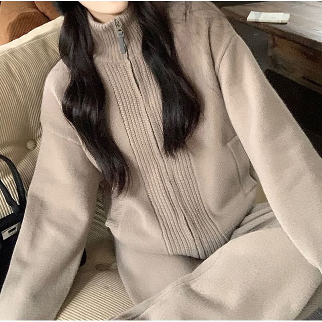 Solid Ribbed Zip Cardigan & High Waist Baggy Pants Set