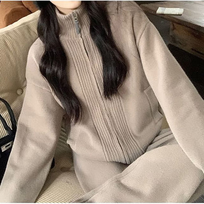 Solid Ribbed Zip Cardigan & High Waist Baggy Pants Set