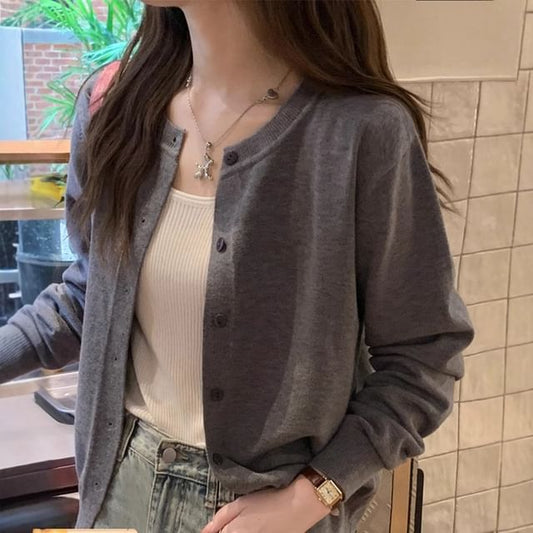 Round Neck Plain Button Cardigan