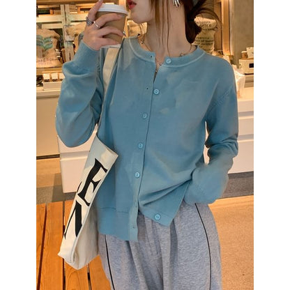 Round Neck Plain Button Cardigan