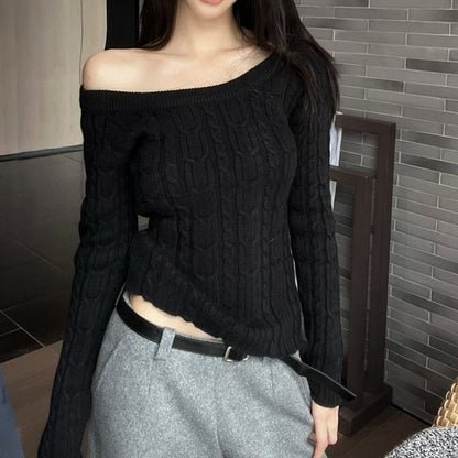 Scoop Neck Plain Cable Knit Sweater
