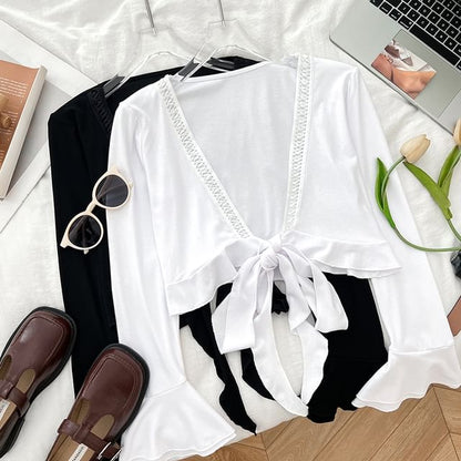 Open Front Lace Trim Cropped V-Neck Top