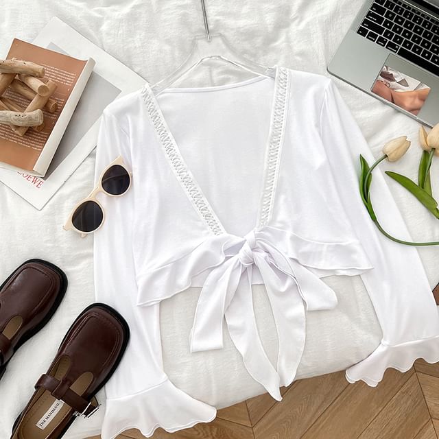 Open Front Lace Trim Cropped V-Neck Top