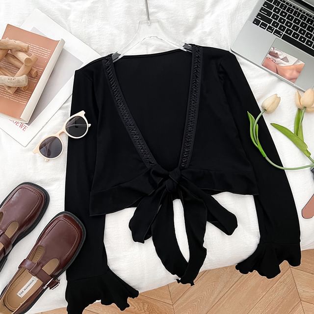 Open Front Lace Trim Cropped V-Neck Top