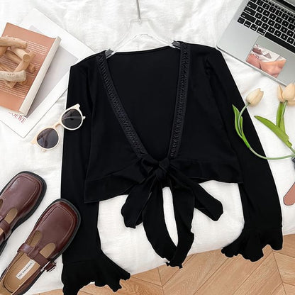Open Front Lace Trim Cropped V-Neck Top