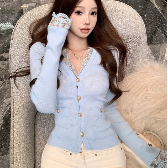 V-Neck Lace Panel Plain Cardigan