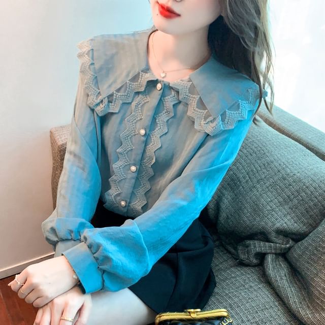 Peter Pan Collar Long Sleeve Lace Trim Button Down Shirt