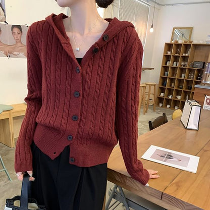 Hooded Cable Knit Button-Up Plain Cardigan
