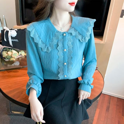 Peter Pan Collar Long Sleeve Lace Trim Button Down Shirt