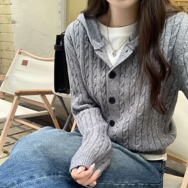 Hooded Cable Knit Button-Up Plain Cardigan