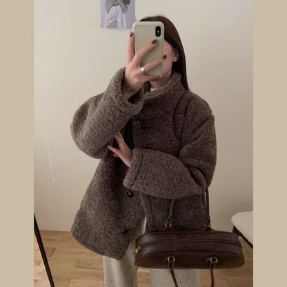 Plain Fluffy Button-Up Jacket