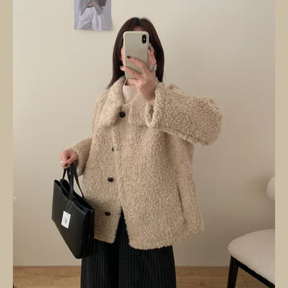 Plain Fluffy Button-Up Jacket