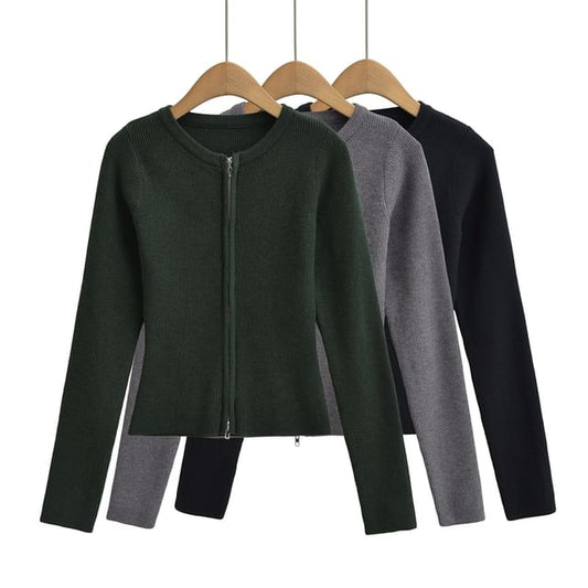 Round Neck Zip-Front Cardigan