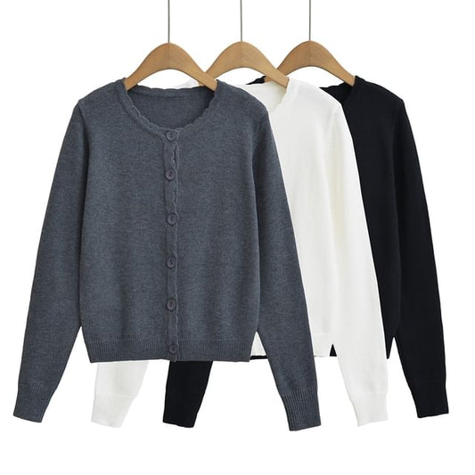 Scallop Trim Round Neck Plain Cardigan