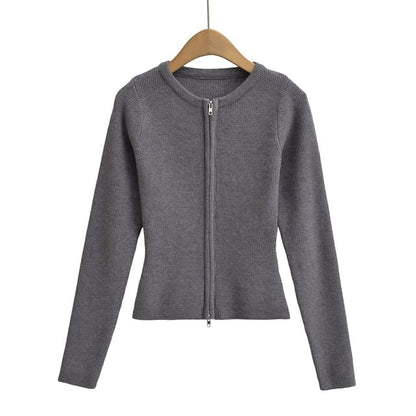 Round Neck Zip-Front Cardigan