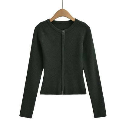Round Neck Zip-Front Cardigan