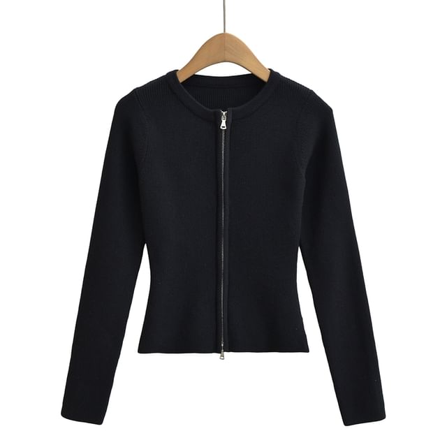 Round Neck Zip-Front Cardigan