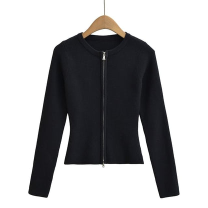 Round Neck Zip-Front Cardigan