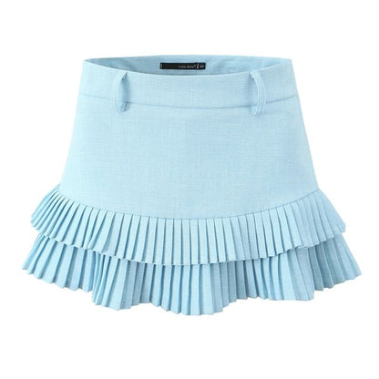 High Rise Solid Pleated Hem Flared Mini Skirt