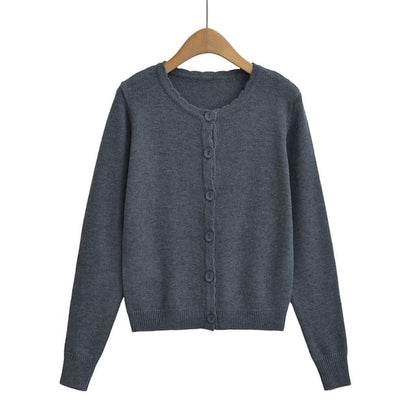 Scallop Trim Round Neck Plain Cardigan