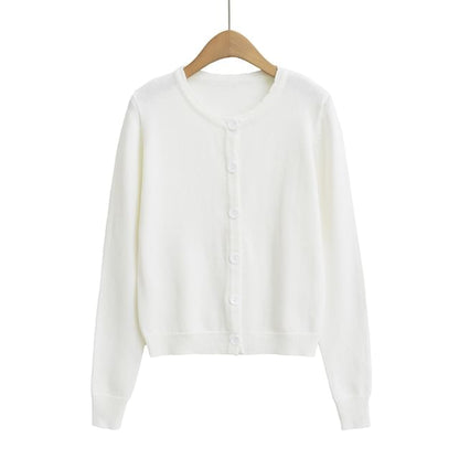 Scallop Trim Round Neck Plain Cardigan