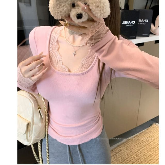V-Neck Lace Panel Long Sleeve Top