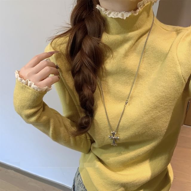 Mock Neck Lace Trim Knit Top with Long Sleeves