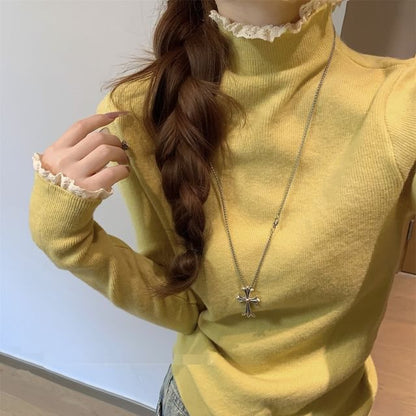 Mock Neck Lace Trim Knit Top with Long Sleeves