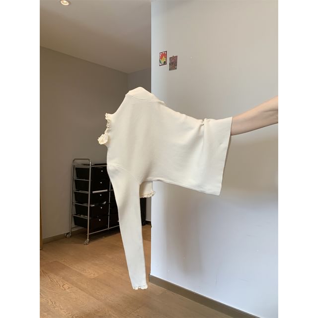 Mock Neck Lace Trim Knit Top with Long Sleeves