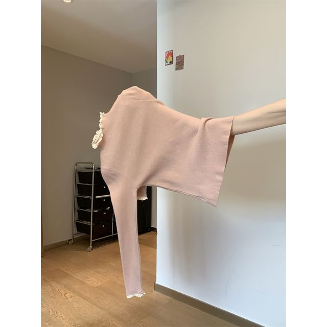 Mock Neck Lace Trim Knit Top with Long Sleeves