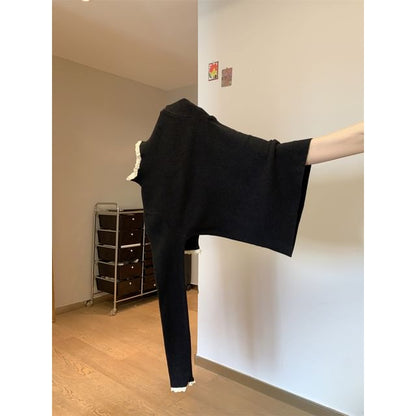 Mock Neck Lace Trim Knit Top with Long Sleeves