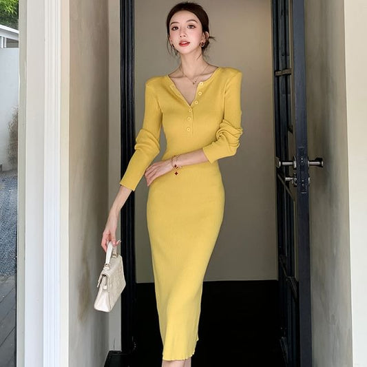 Long-Sleeve Henley Plain Ribbed Knit Midi Sheath Dress