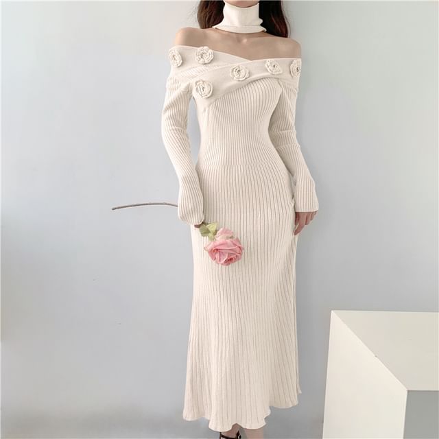 Long-Sleeve Off-Shoulder Plain Flower Detail Ribbed Knit Maxi Sheath Dress